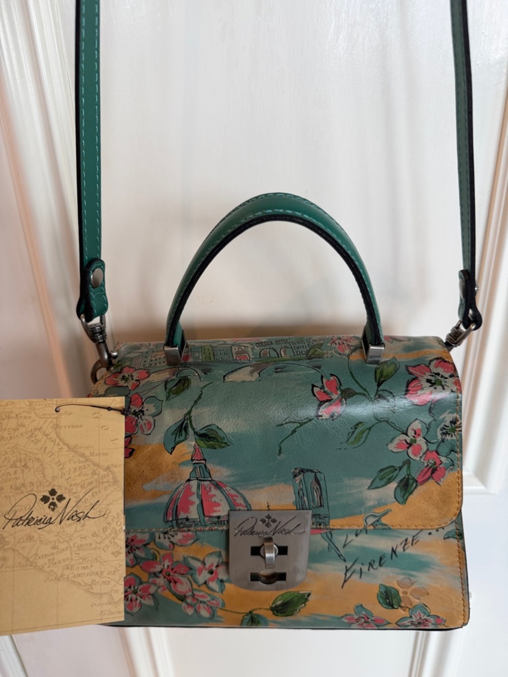Patricia Nash Teal and Tan Floral Leather Top-Handle Satchel